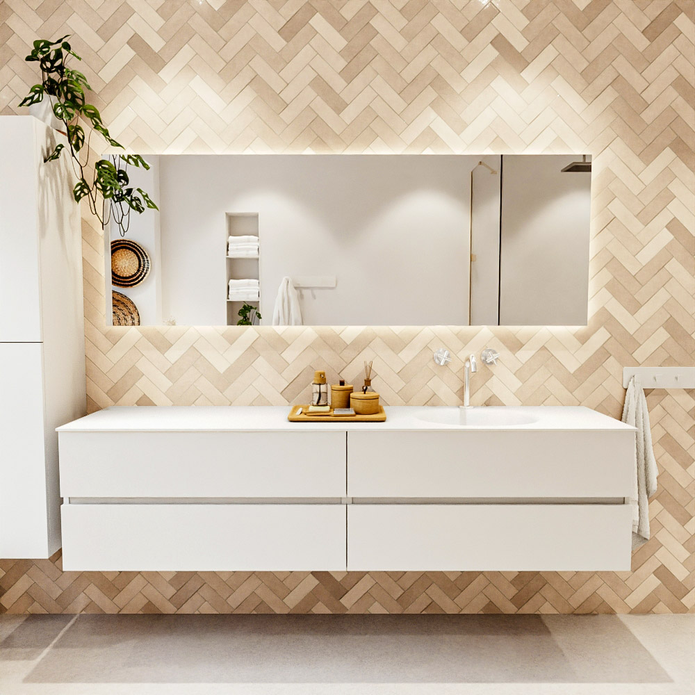MONDIAZ VICA 200cm mueble de baño Talc 4 cajones. Lavabo MOON Derecho 1 orificio color Talc con espejo LED. 2 MONDIAZ VICA 200cm mueble de baño Talc 4 cajones. Lavabo MOON Derecho 1 orificio color Talc con espejo LED. - Imagen 2