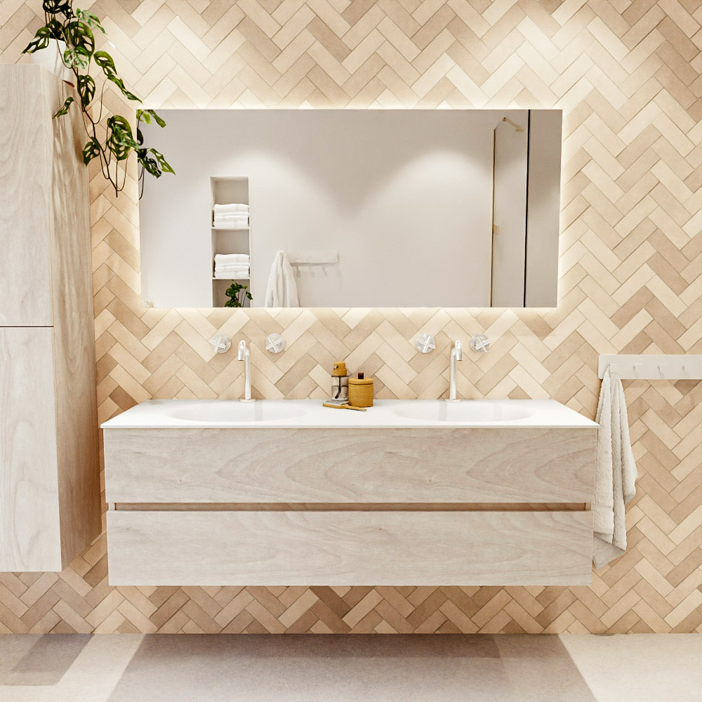 MONDIAZ VICA 150cm mueble de baño Underlayment 2 cajones. Lavabo MOON Doble 2 orificios color Talc con espejo LED. 2 MONDIAZ VICA 150cm mueble de baño Underlayment 2 cajones. Lavabo MOON Doble 2 orificios color Talc con espejo LED. - Imagen 2