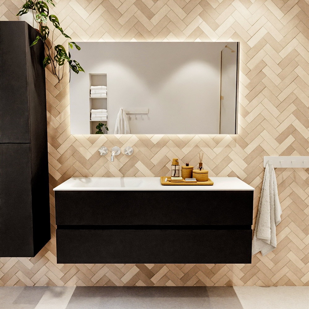 MONDIAZ VICA 130cm mueble de baño Urban 2 cajones. Lavabo CLOUD Izquierda sin orificio color Talc con espejo LED. 2 MONDIAZ VICA 130cm mueble de baño Urban 2 cajones. Lavabo CLOUD Izquierda sin orificio color Talc con espejo LED. - Imagen 2