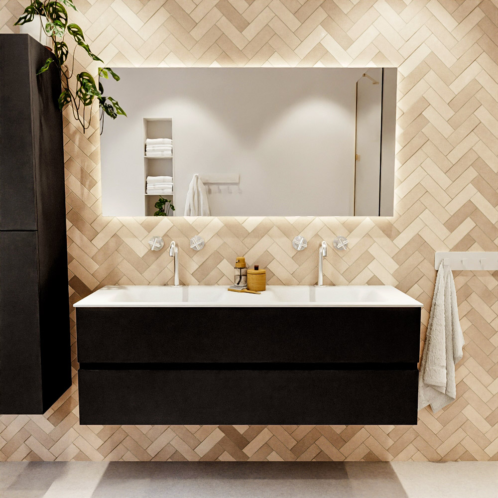 MONDIAZ VICA 140cm mueble de baño Urban 2 cajones. Lavabo CLOUD Doble 2 orificios color Talc con espejo LED. 2 MONDIAZ VICA 140cm mueble de baño Urban 2 cajones. Lavabo CLOUD Doble 2 orificios color Talc con espejo LED. - Imagen 2