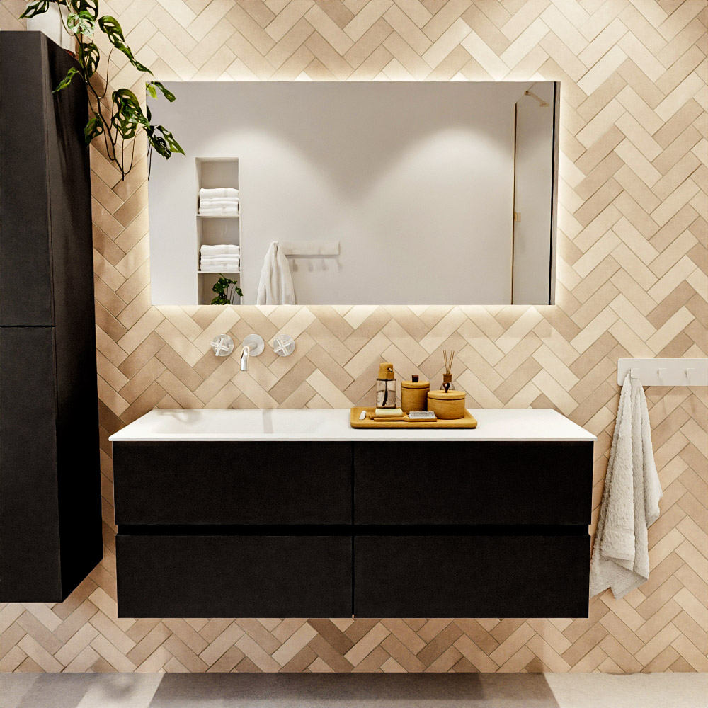 MONDIAZ VICA 130cm mueble de baño Urban 4 cajones. Lavabo CLOUD Izquierda sin orificio color Talc con espejo LED. 2 MONDIAZ VICA 130cm mueble de baño Urban 4 cajones. Lavabo CLOUD Izquierda sin orificio color Talc con espejo LED. - Imagen 2