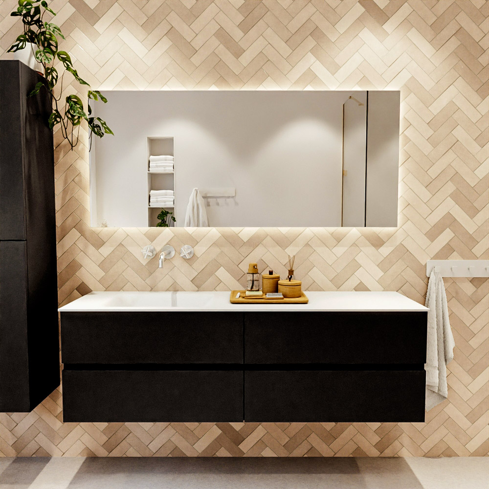 MONDIAZ VICA 160cm mueble de baño Urban 4 cajones. Lavabo CLOUD Izquierda sin orificio color Talc con espejo LED. 2 MONDIAZ VICA 160cm mueble de baño Urban 4 cajones. Lavabo CLOUD Izquierda sin orificio color Talc con espejo LED. - Imagen 2