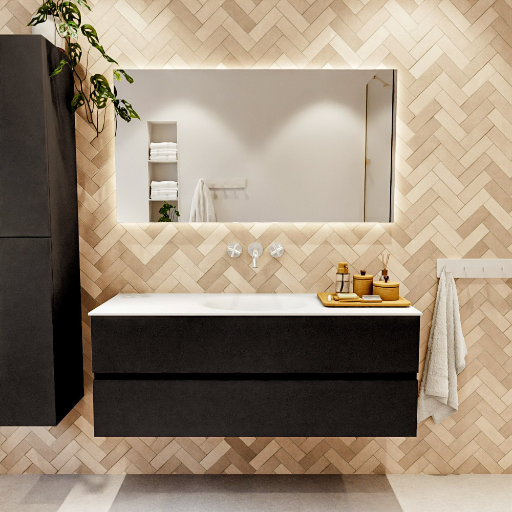 MONDIAZ VICA 130cm mueble de baño Urban 2 cajones. Lavabo MOON Centro sin orificio color Talc con espejo LED. 2 MONDIAZ VICA 130cm mueble de baño Urban 2 cajones. Lavabo MOON Centro sin orificio color Talc con espejo LED. - Imagen 2