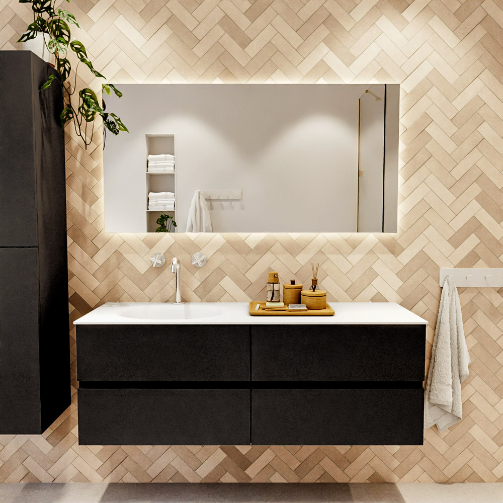 MONDIAZ VICA 140cm mueble de baño Urban 4 cajones. Lavabo MOON Izquierda 1 orificio color Talc con espejo LED. 2 MONDIAZ VICA 140cm mueble de baño Urban 4 cajones. Lavabo MOON Izquierda 1 orificio color Talc con espejo LED. - Imagen 2