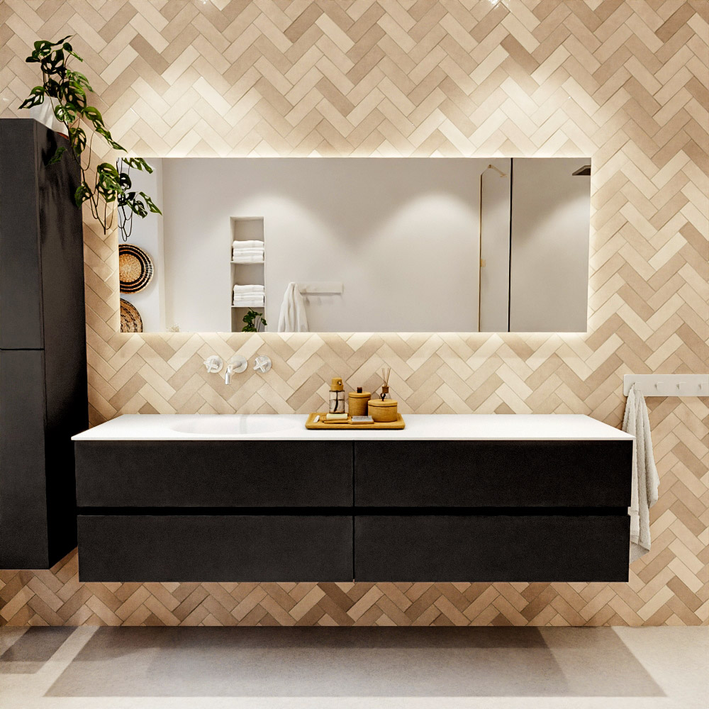 MONDIAZ VICA 190cm mueble de baño Urban 4 cajones. Lavabo MOON Izquierda sin orificio color Talc con espejo LED. 2 MONDIAZ VICA 190cm mueble de baño Urban 4 cajones. Lavabo MOON Izquierda sin orificio color Talc con espejo LED. - Imagen 2
