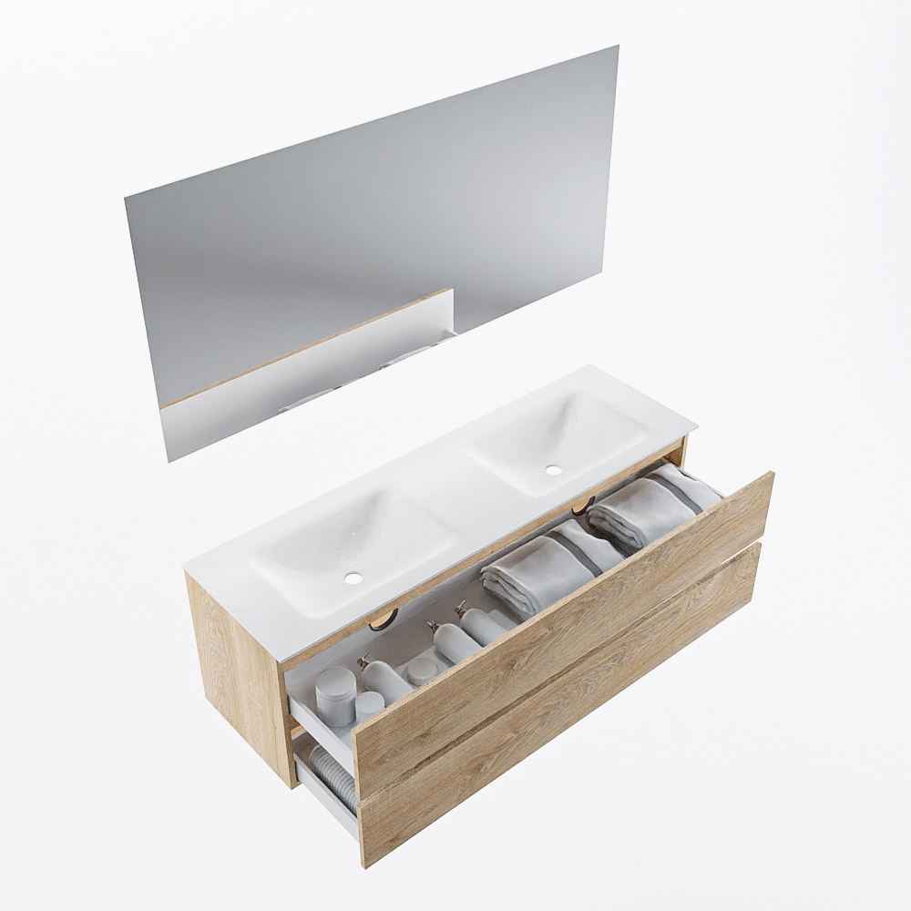 MONDIAZ VICA 150cm mueble de baño Washed Oak 2 cajones. Lavabo CLOUD Doble sin orificio color Talc con espejo LED. 7 MONDIAZ VICA 150cm mueble de baño Washed Oak 2 cajones. Lavabo CLOUD Doble sin orificio color Talc con espejo LED. - Imagen 7