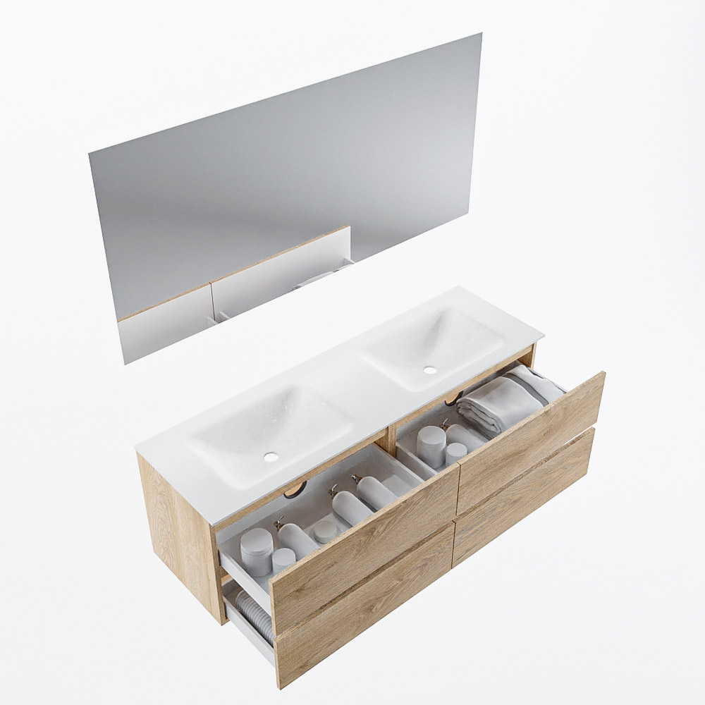 MONDIAZ VICA 150cm mueble de baño Washed Oak 4 cajones. Lavabo CLOUD Doble sin orificio color Talc con espejo LED. 7 MONDIAZ VICA 150cm mueble de baño Washed Oak 4 cajones. Lavabo CLOUD Doble sin orificio color Talc con espejo LED. - Imagen 7