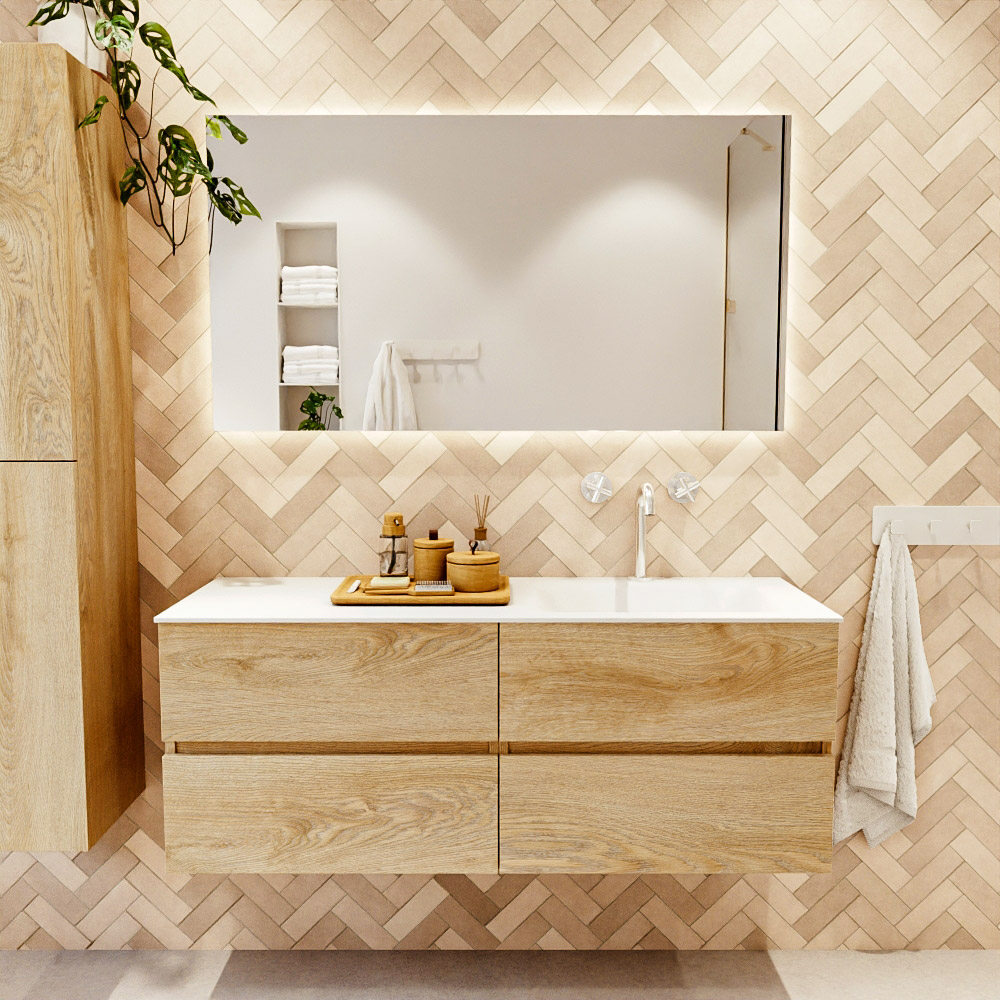 MONDIAZ VICA 130cm mueble de baño Washed Oak 4 cajones. Lavabo CLOUD Derecho 1 orificio color Talc con espejo LED. 2 MONDIAZ VICA 130cm mueble de baño Washed Oak 4 cajones. Lavabo CLOUD Derecho 1 orificio color Talc con espejo LED. - Imagen 2