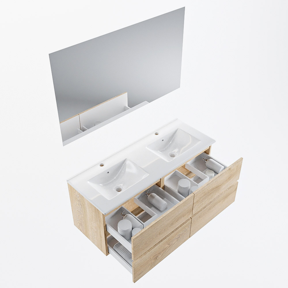 MONDIAZ VICA 120cm mueble de baño Washed Oak 4 cajones. Lavabo DENIA Doble 2 orificios color Blanco brillo con espejo LED. 7 MONDIAZ VICA 120cm mueble de baño Washed Oak 4 cajones. Lavabo DENIA Doble 2 orificios color Blanco brillo con espejo LED. - Imagen 7