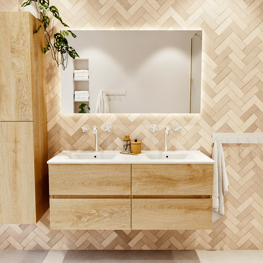 MONDIAZ VICA 120cm mueble de baño Washed Oak 4 cajones. Lavabo DENIA Doble 2 orificios color Blanco brillo con espejo LED. 2 MONDIAZ VICA 120cm mueble de baño Washed Oak 4 cajones. Lavabo DENIA Doble 2 orificios color Blanco brillo con espejo LED. - Imagen 2