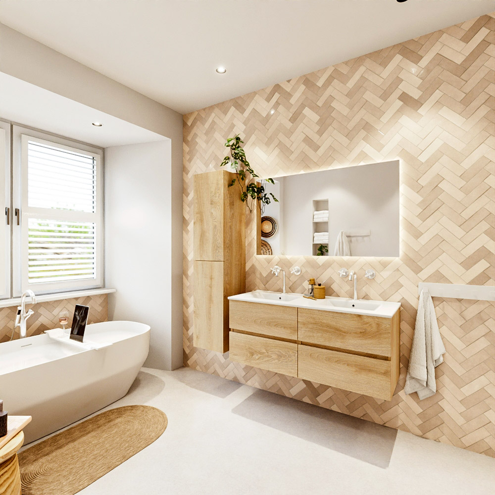 MONDIAZ VICA 120cm mueble de baño Washed Oak 4 cajones. Lavabo DENIA Doble 2 orificios color Blanco brillo con espejo LED. 4 MONDIAZ VICA 120cm mueble de baño Washed Oak 4 cajones. Lavabo DENIA Doble 2 orificios color Blanco brillo con espejo LED. - Imagen 4