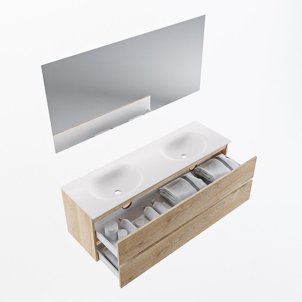 MONDIAZ VICA 150cm mueble de baño Washed Oak 2 cajones. Lavabo MOON Doble sin orificio color Talc con espejo LED. 6 MONDIAZ VICA 150cm mueble de baño Washed Oak 2 cajones. Lavabo MOON Doble sin orificio color Talc con espejo LED. - Imagen 6