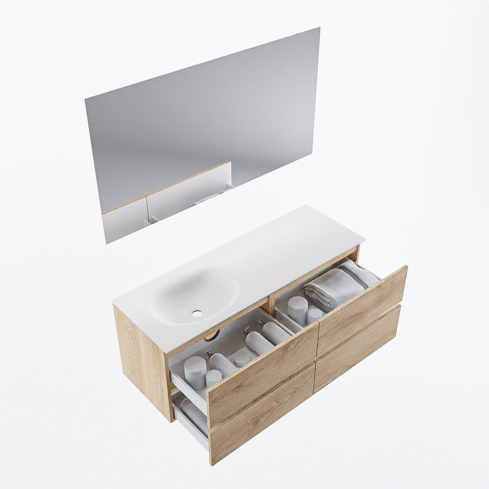 MONDIAZ VICA 130cm mueble de baño Washed Oak 4 cajones. Lavabo MOON Izquierda 1 orificio color Talc con espejo LED. 5 MONDIAZ VICA 130cm mueble de baño Washed Oak 4 cajones. Lavabo MOON Izquierda 1 orificio color Talc con espejo LED. - Imagen 6