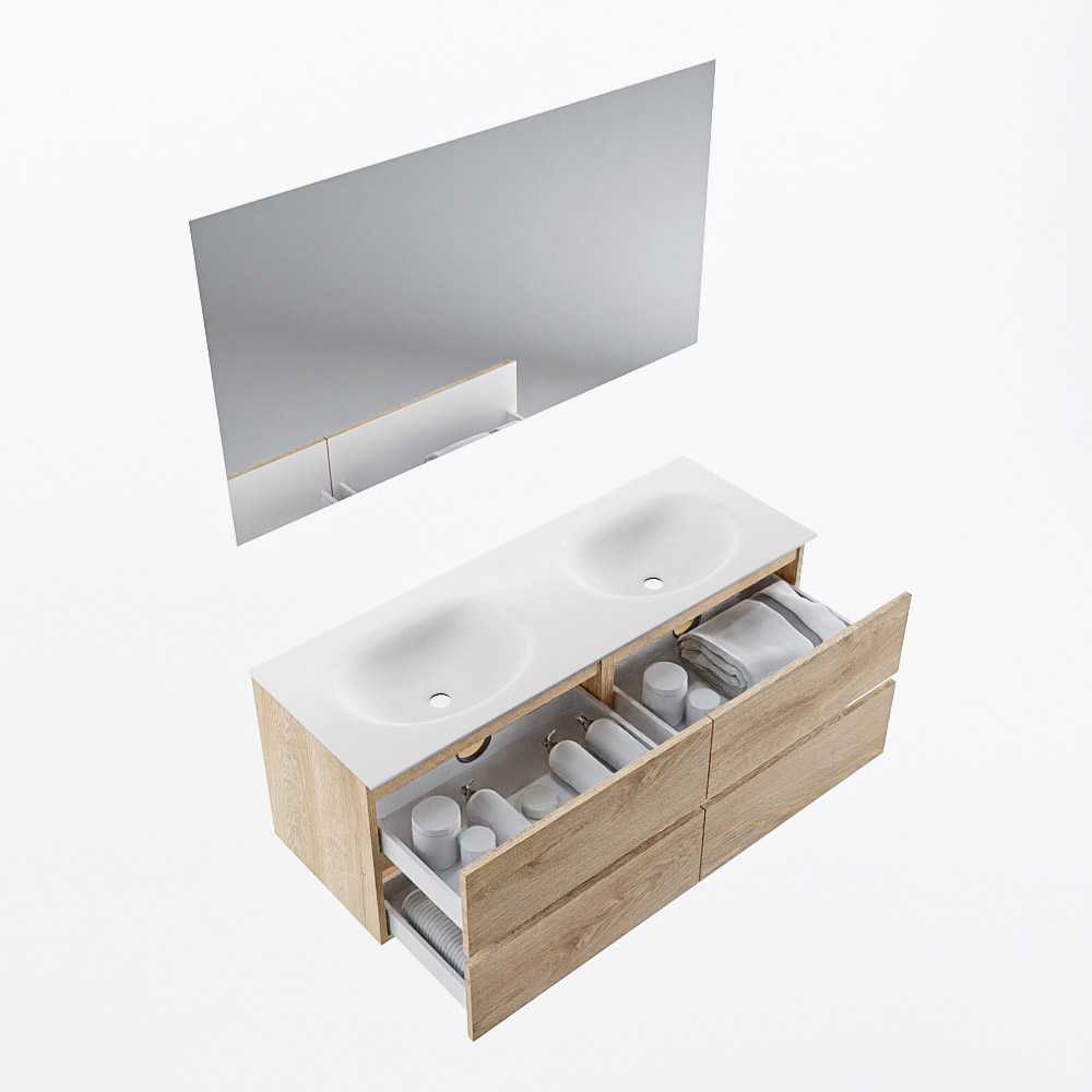 MONDIAZ VICA 130cm mueble de baño Washed Oak 4 cajones. Lavabo MOON Doble sin orificio color Talc con espejo LED. 5 MONDIAZ VICA 130cm mueble de baño Washed Oak 4 cajones. Lavabo MOON Doble sin orificio color Talc con espejo LED. - Imagen 6