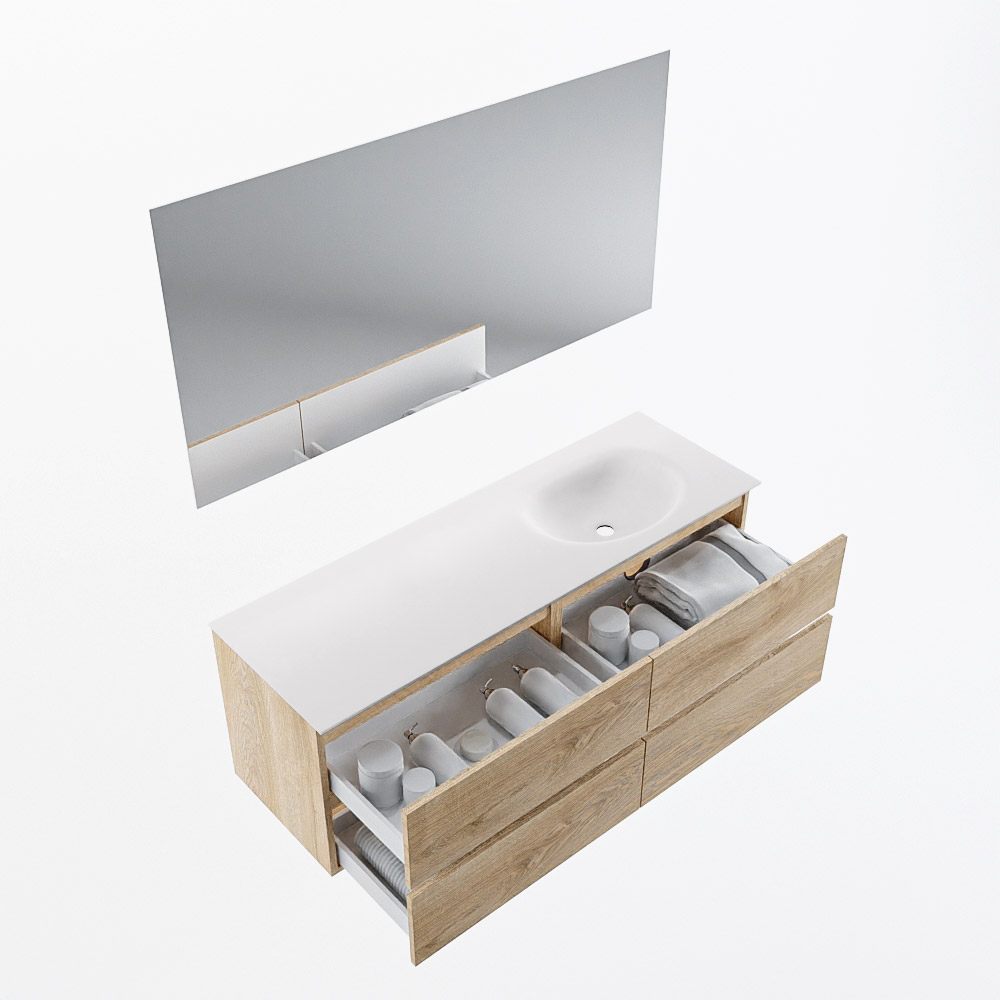 MONDIAZ VICA 140cm mueble de baño Washed Oak 4 cajones. Lavabo MOON Derecho sin orificio color Talc con espejo LED. 5 MONDIAZ VICA 140cm mueble de baño Washed Oak 4 cajones. Lavabo MOON Derecho sin orificio color Talc con espejo LED. - Imagen 6