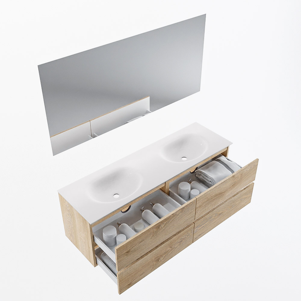 MONDIAZ VICA 150cm mueble de baño Washed Oak 4 cajones. Lavabo MOON Doble sin orificio color Talc con espejo LED. 6 MONDIAZ VICA 150cm mueble de baño Washed Oak 4 cajones. Lavabo MOON Doble sin orificio color Talc con espejo LED. - Imagen 6