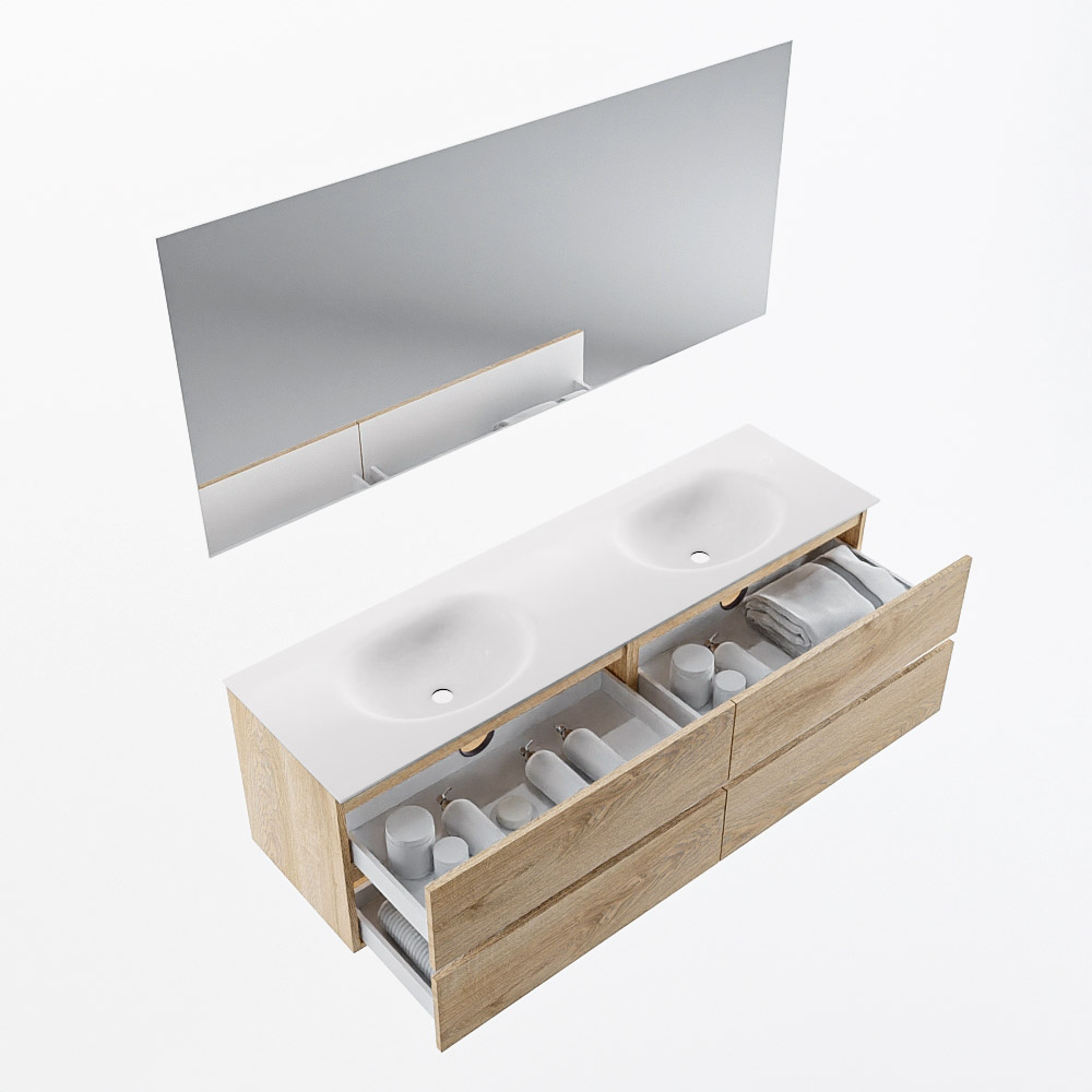 MONDIAZ VICA 160cm mueble de baño Washed Oak 4 cajones. Lavabo MOON Doble sin orificio color Talc con espejo LED. 6 MONDIAZ VICA 160cm mueble de baño Washed Oak 4 cajones. Lavabo MOON Doble sin orificio color Talc con espejo LED. - Imagen 6