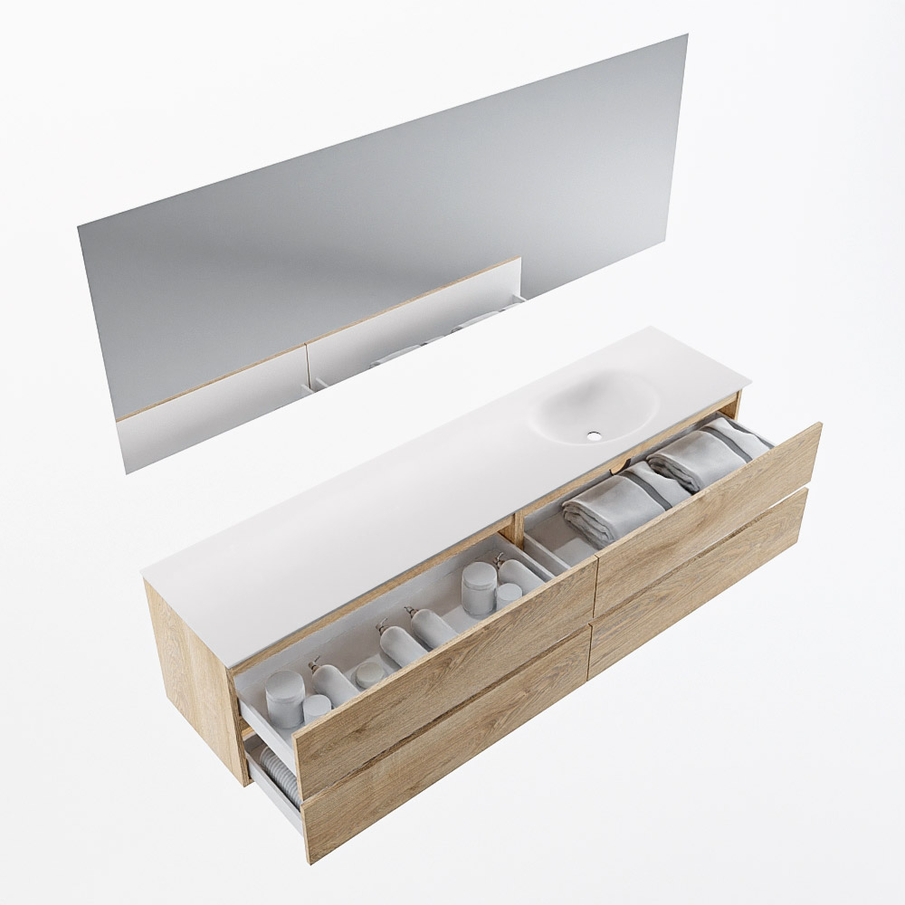MONDIAZ VICA 200cm mueble de baño Washed Oak 4 cajones. Lavabo MOON Derecho sin orificio color Talc con espejo LED. 6 MONDIAZ VICA 200cm mueble de baño Washed Oak 4 cajones. Lavabo MOON Derecho sin orificio color Talc con espejo LED. - Imagen 6