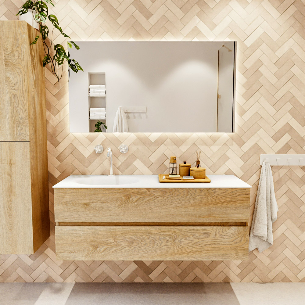 MONDIAZ VICA 130cm mueble de baño Washed Oak 2 cajones. Lavabo MOON Izquierda 1 orificio color Talc con espejo LED. 2 MONDIAZ VICA 130cm mueble de baño Washed Oak 2 cajones. Lavabo MOON Izquierda 1 orificio color Talc con espejo LED. - Imagen 2