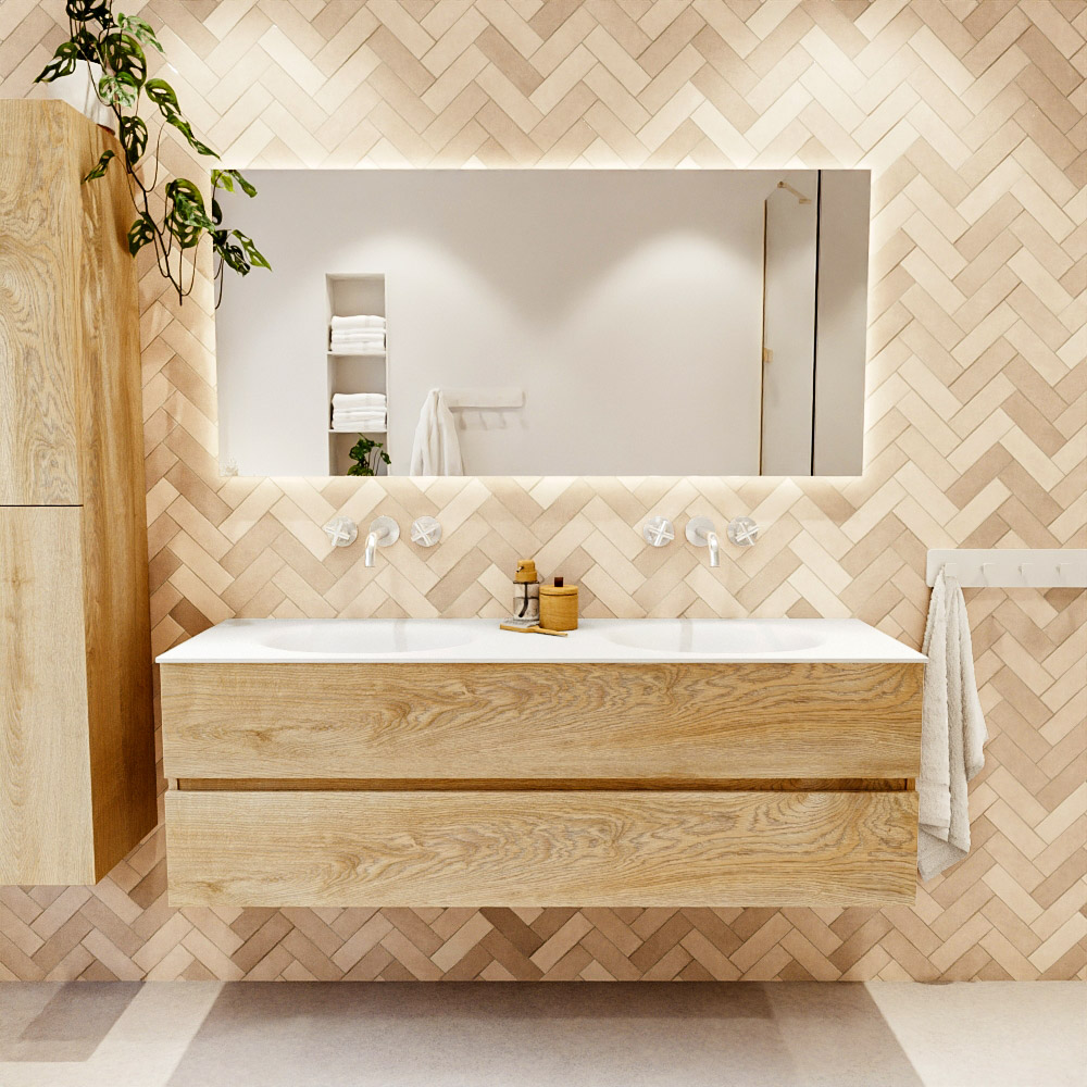 MONDIAZ VICA 150cm mueble de baño Washed Oak 2 cajones. Lavabo MOON Doble sin orificio color Talc con espejo LED. 2 MONDIAZ VICA 150cm mueble de baño Washed Oak 2 cajones. Lavabo MOON Doble sin orificio color Talc con espejo LED. - Imagen 2