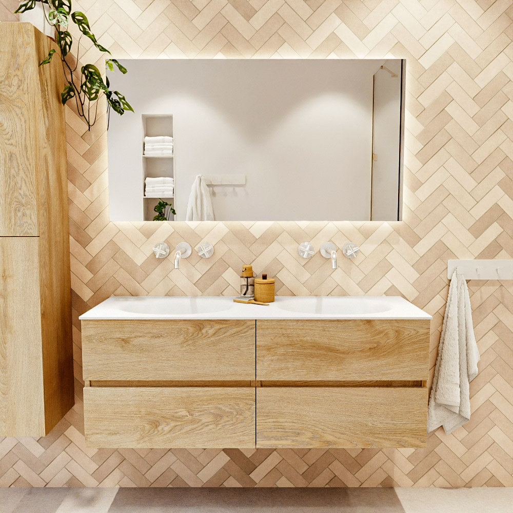 MONDIAZ VICA 130cm mueble de baño Washed Oak 4 cajones. Lavabo MOON Doble sin orificio color Talc con espejo LED. 2 MONDIAZ VICA 130cm mueble de baño Washed Oak 4 cajones. Lavabo MOON Doble sin orificio color Talc con espejo LED. - Imagen 2