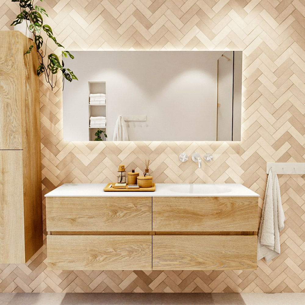MONDIAZ VICA 140cm mueble de baño Washed Oak 4 cajones. Lavabo MOON Derecho sin orificio color Talc con espejo LED. 2 MONDIAZ VICA 140cm mueble de baño Washed Oak 4 cajones. Lavabo MOON Derecho sin orificio color Talc con espejo LED. - Imagen 2