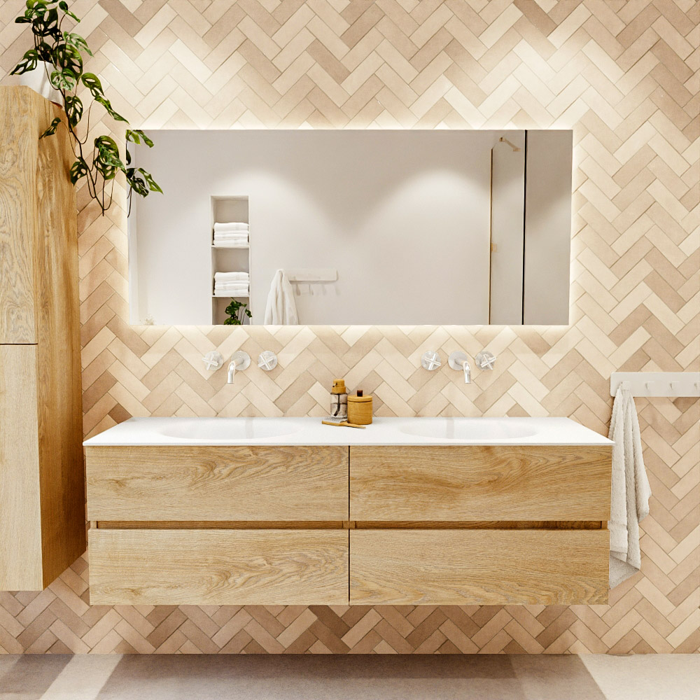 MONDIAZ VICA 160cm mueble de baño Washed Oak 4 cajones. Lavabo MOON Doble sin orificio color Talc con espejo LED. 2 MONDIAZ VICA 160cm mueble de baño Washed Oak 4 cajones. Lavabo MOON Doble sin orificio color Talc con espejo LED. - Imagen 2