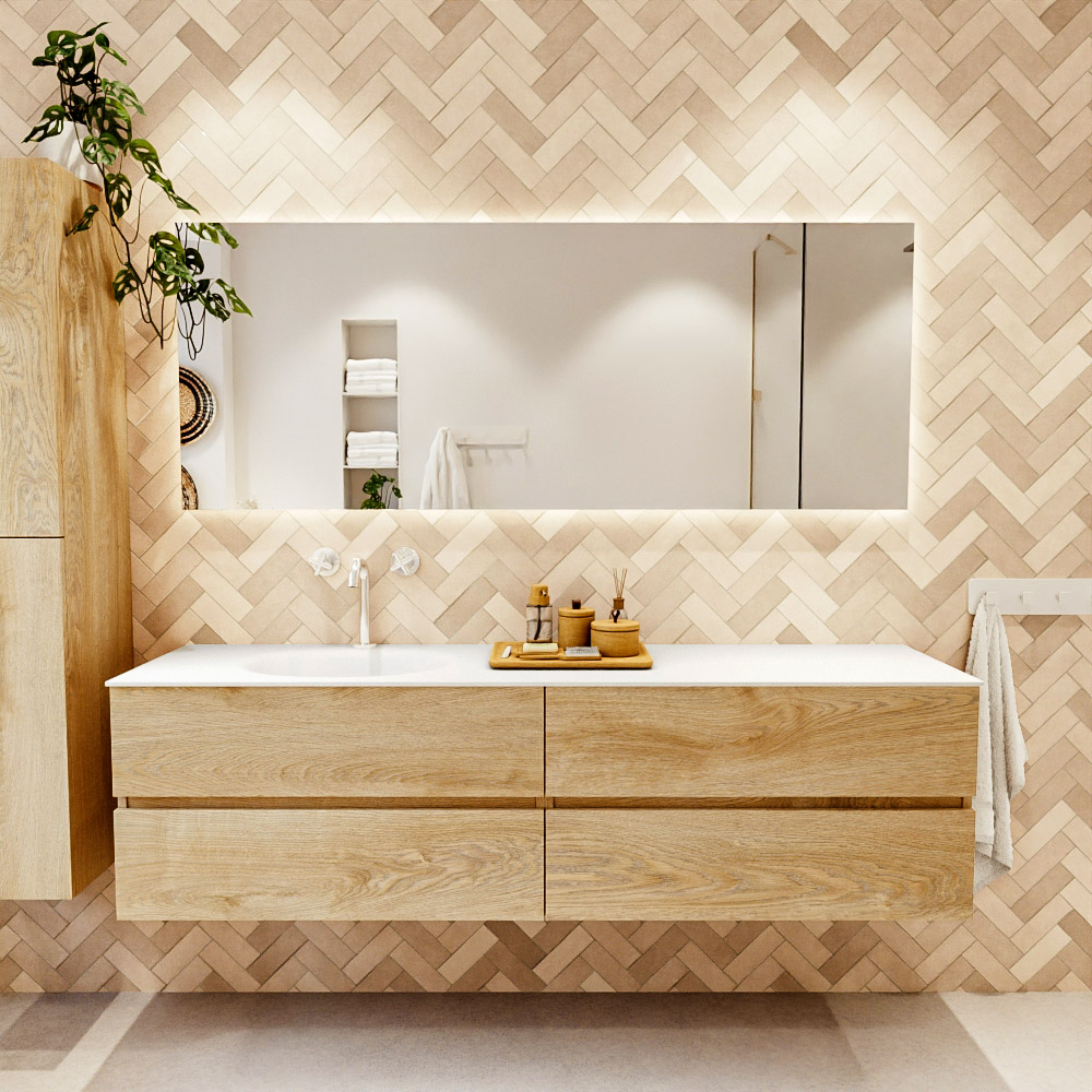 MONDIAZ VICA 180cm mueble de baño Washed Oak 4 cajones. Lavabo MOON Izquierda 1 orificio color Talc con espejo LED. 2 MONDIAZ VICA 180cm mueble de baño Washed Oak 4 cajones. Lavabo MOON Izquierda 1 orificio color Talc con espejo LED. - Imagen 2