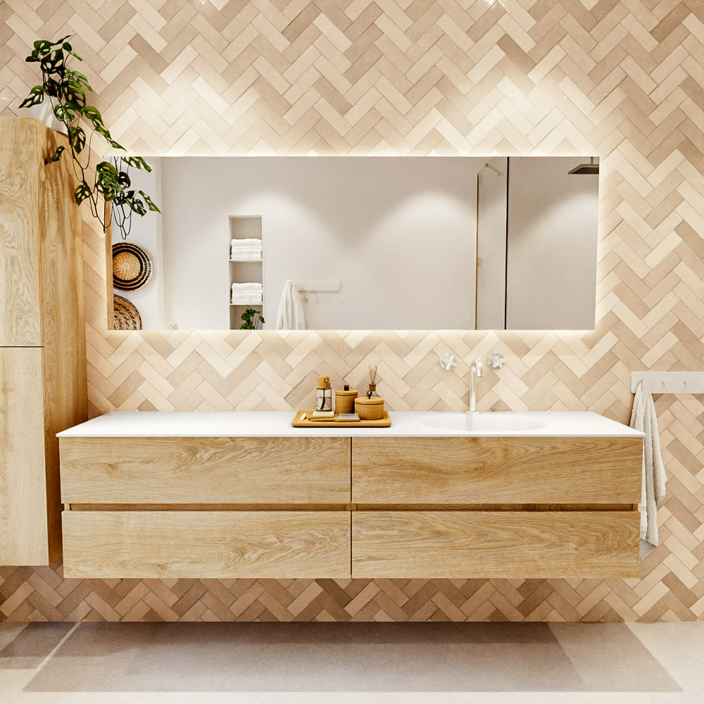 MONDIAZ VICA 200cm mueble de baño Washed Oak 4 cajones. Lavabo MOON Derecho 1 orificio color Talc con espejo LED. 2 MONDIAZ VICA 200cm mueble de baño Washed Oak 4 cajones. Lavabo MOON Derecho 1 orificio color Talc con espejo LED. - Imagen 2