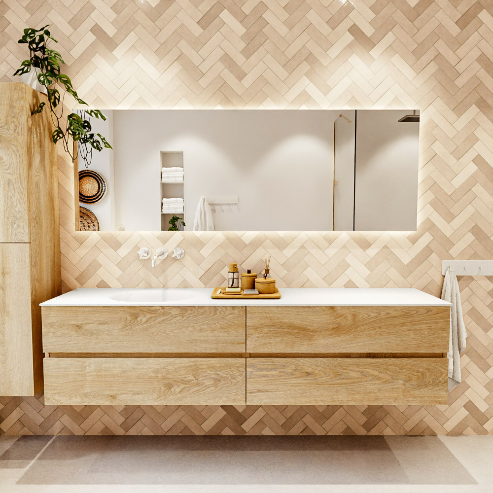 MONDIAZ VICA 200cm mueble de baño Washed Oak 4 cajones. Lavabo MOON Izquierda sin orificio color Talc con espejo LED. 2 MONDIAZ VICA 200cm mueble de baño Washed Oak 4 cajones. Lavabo MOON Izquierda sin orificio color Talc con espejo LED. - Imagen 2