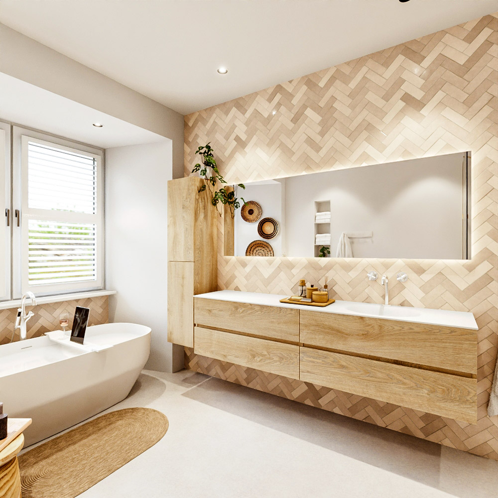 MONDIAZ VICA 200cm mueble de baño Washed Oak 4 cajones. Lavabo MOON Derecho 1 orificio color Talc con espejo LED. 4 MONDIAZ VICA 200cm mueble de baño Washed Oak 4 cajones. Lavabo MOON Derecho 1 orificio color Talc con espejo LED. - Imagen 4