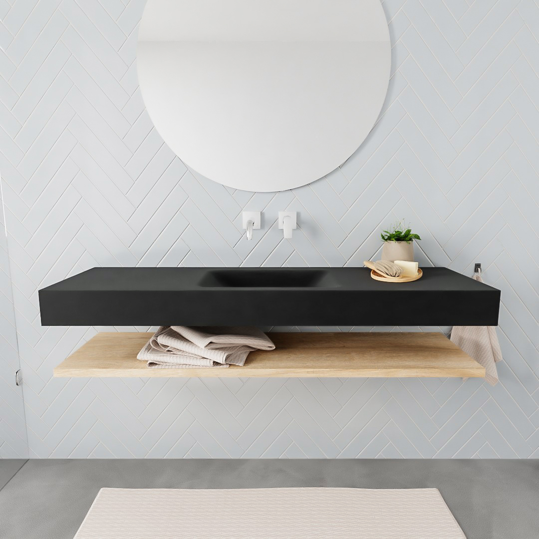 MONDIAZ ALAN 150cm estante Washed Oak. Lavabo suspendido Centro sin orificio, color Urban. 2 color Urban.