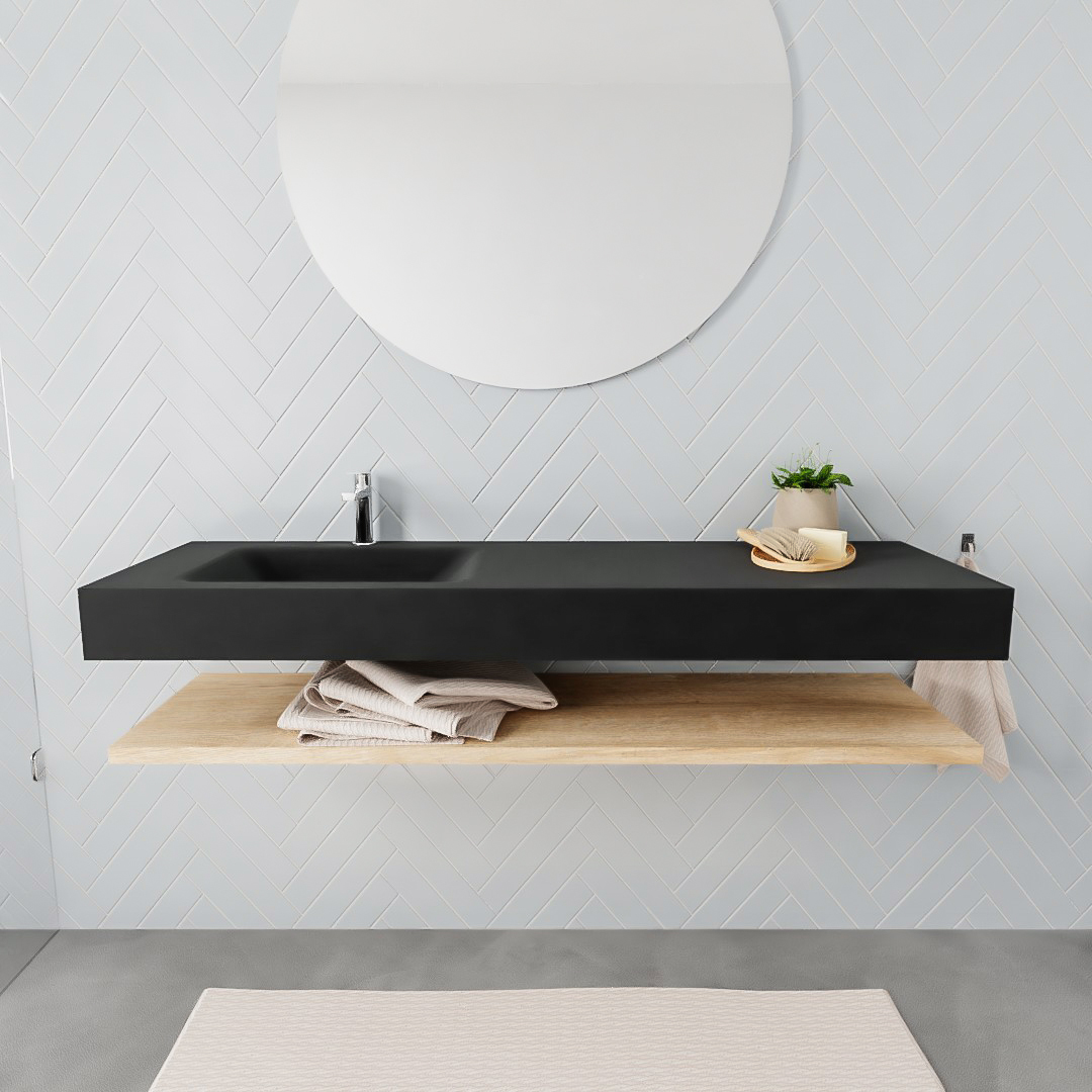 MONDIAZ ALAN 150cm estante Washed Oak. Lavabo suspendido Izquierda 1 orificio, color Urban. 2 color Urban.