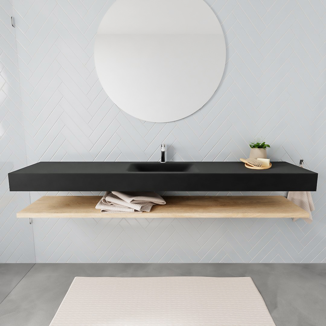 MONDIAZ ALAN 200cm estante Washed Oak. Lavabo suspendido Centro 1 orificio, color Urban. 2 color Urban.