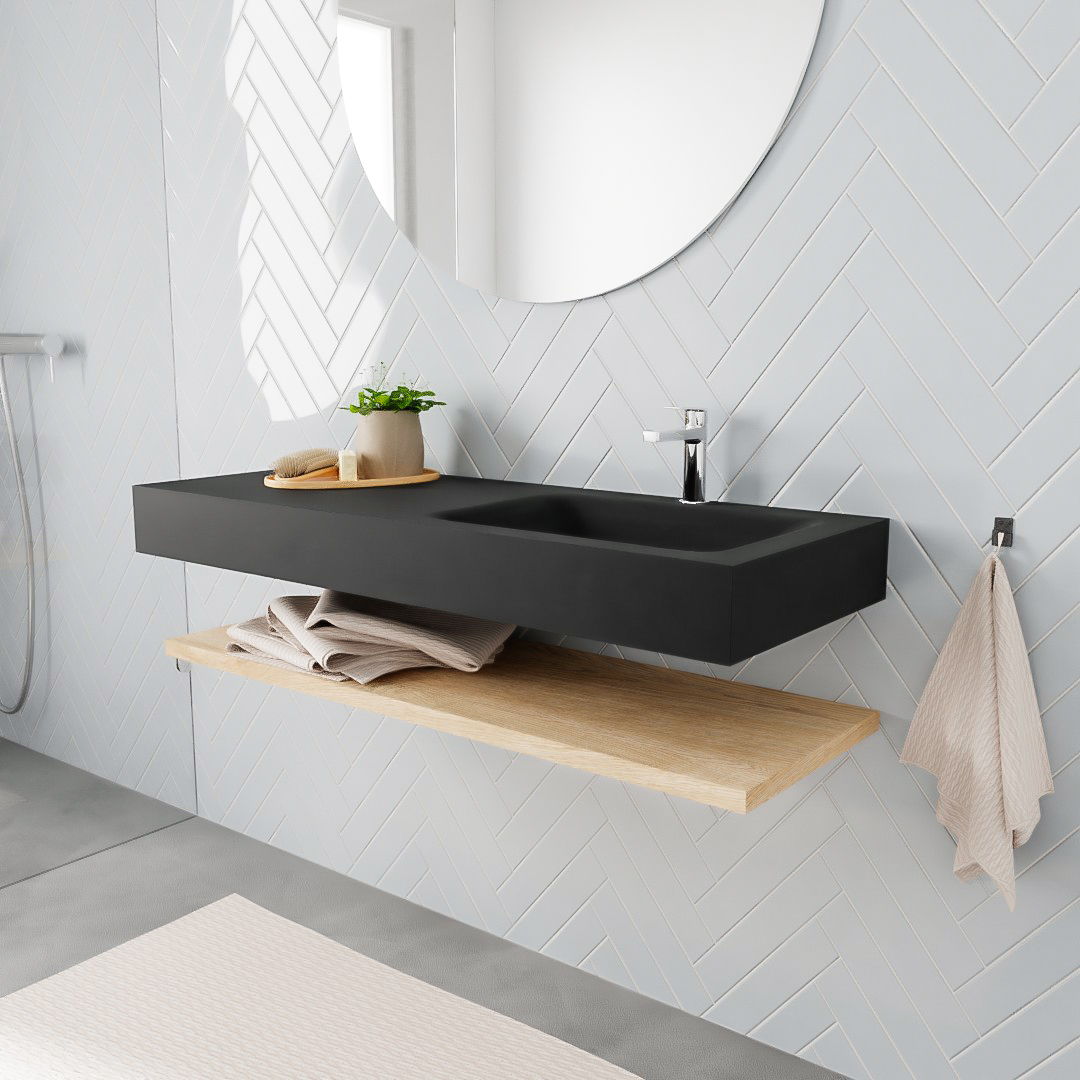 MONDIAZ ALAN 120cm estante Washed Oak. Lavabo suspendido Derecho 1 orificio