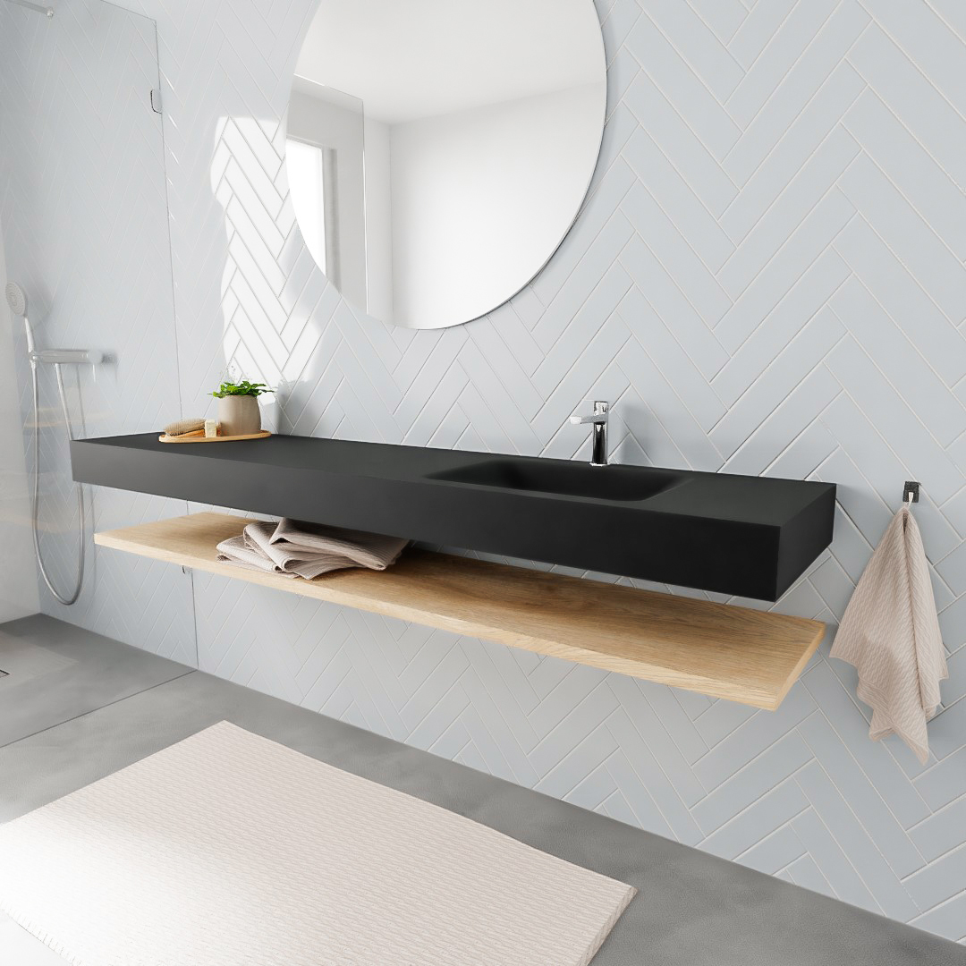 MONDIAZ ALAN 200cm estante Washed Oak. Lavabo suspendido Derecho 1 orificio