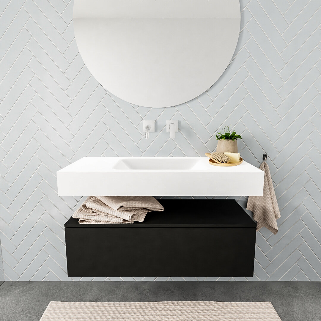 Mueble suspendido ALAN 100 cm de 1 cajón urban. Encimera con lavabo CLOUD centro sin orificio blanco mate 7 color Talc.
