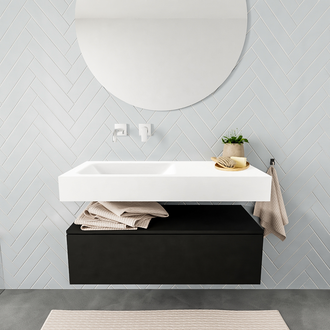 Mueble suspendido ALAN 100 cm de 1 cajón urban. Encimera con lavabo CLOUD izquierda sin orificio blanco mate 7 color Talc.