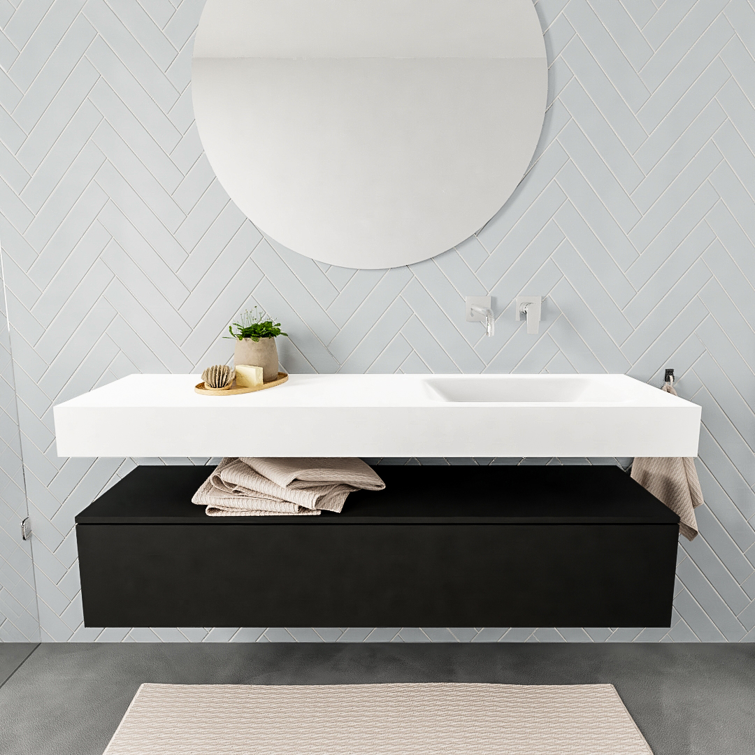 Mueble suspendido ALAN 150 cm de 1 cajón urban. Encimera con lavabo CLOUD derecha sin orificio blanco mate 7 color Talc.