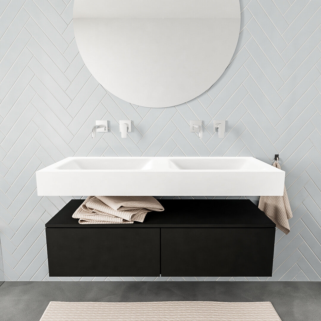 Mueble suspendido ALAN 120 cm de 2 cajones urban. Encimera con lavabo CLOUD doble sin orificio blanco mate 7 color Talc.