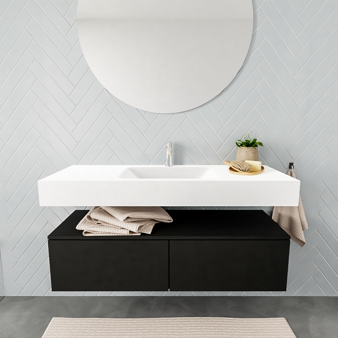Mueble suspendido ALAN 120 cm de 2 cajones urban. Encimera con lavabo CLOUD centro 1 orificio blanco mate 6 color Talc.