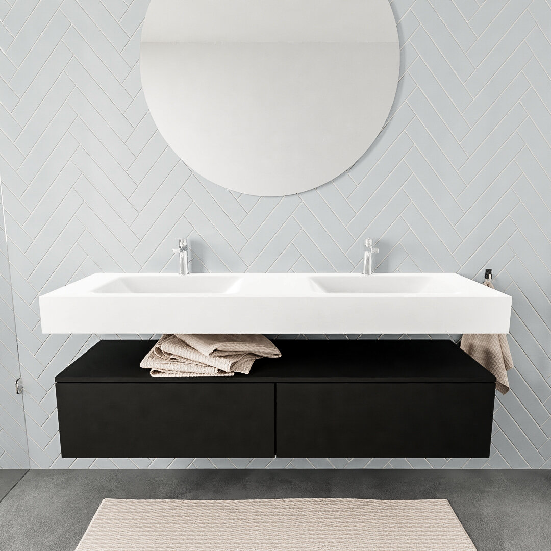 Mueble suspendido ALAN 150 cm de 2 cajones urban. Encimera con lavabo CLOUD doble 2 orificios blanco mate 7 color Talc.