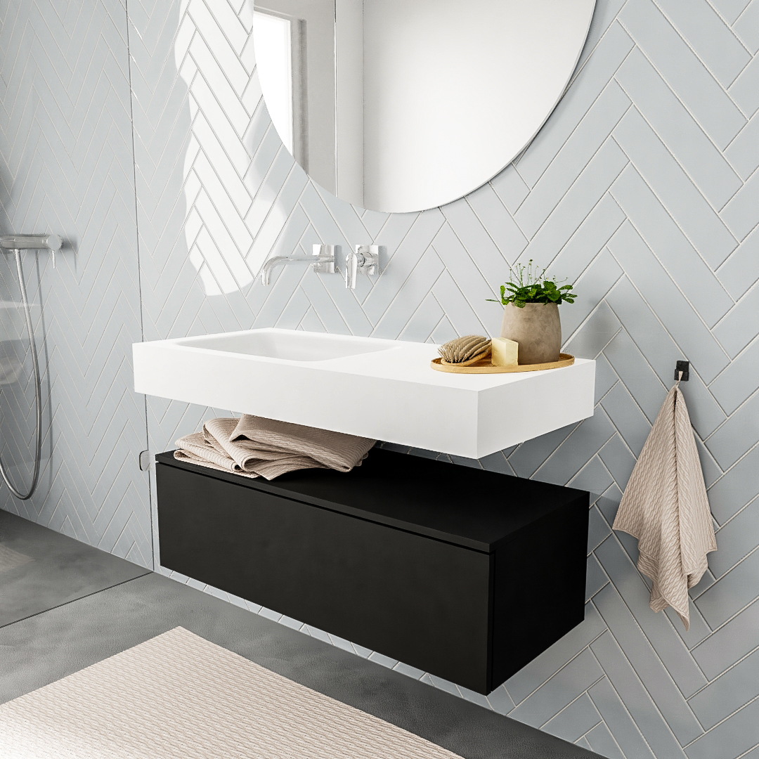 Mueble suspendido ALAN 100 cm de 1 cajón urban. Encimera con lavabo CLOUD izquierda sin orificio blanco mate 6 MONDIAZ ALAN 100cm mueble de baño Urban 1 cajón lavabo suspendido Izquierda sin orificio
