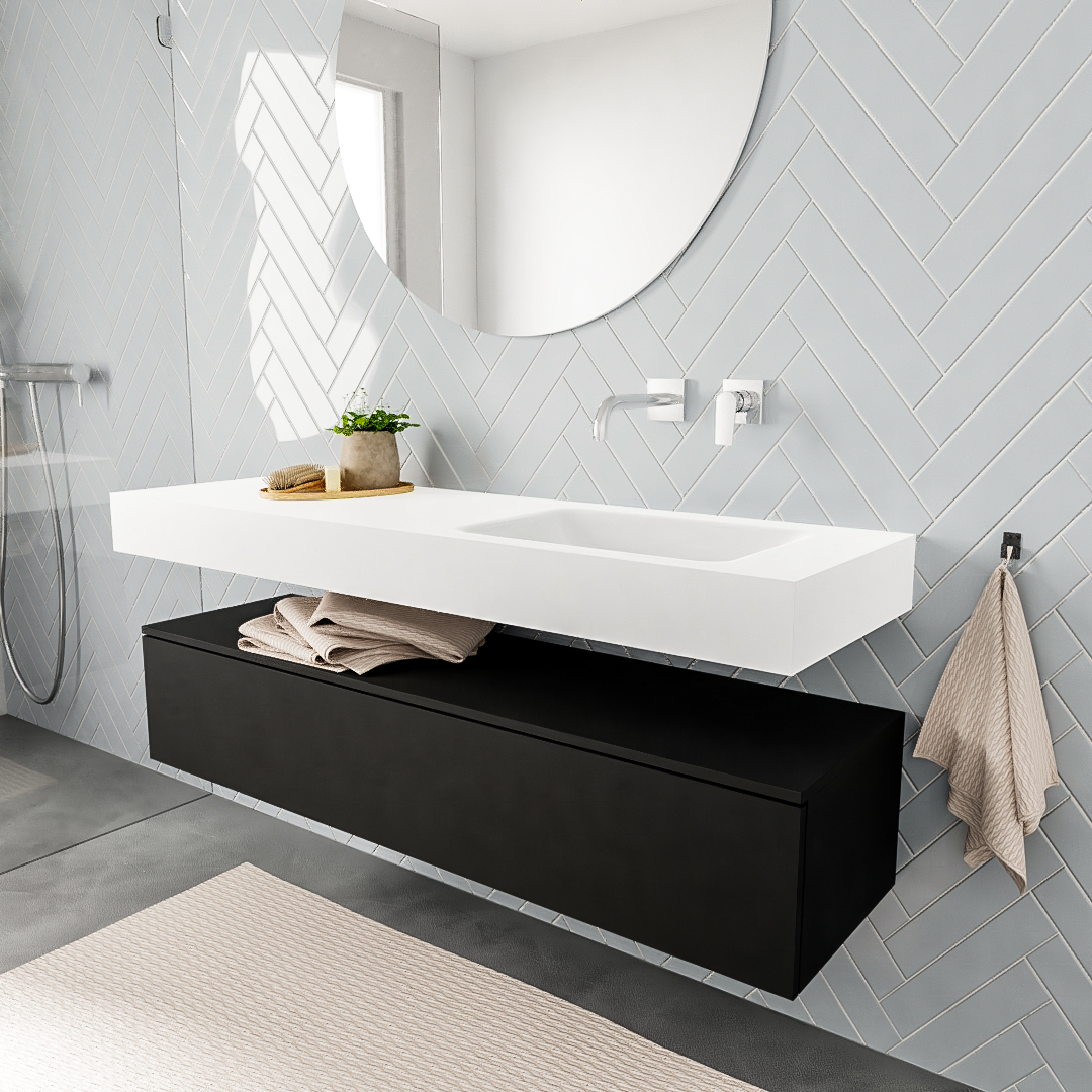 Mueble suspendido ALAN 150 cm de 1 cajón urban. Encimera con lavabo CLOUD derecha sin orificio blanco mate 6 MONDIAZ ALAN 150cm mueble de baño Urban 1 cajón lavabo suspendido Derecho sin orificio