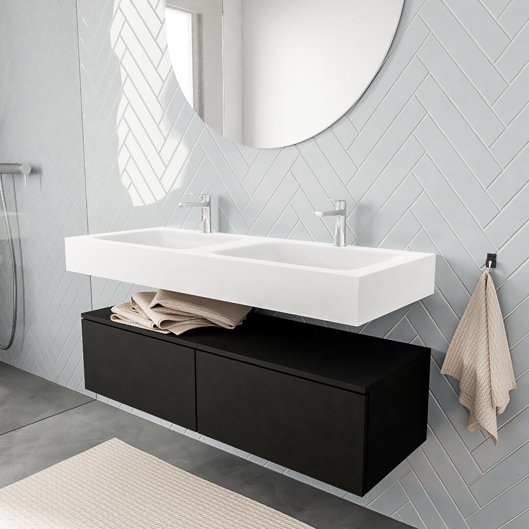 MONDIAZ ALAN 120cm mueble de baño Urban 2 cajones lavabo suspendido Doble 2 orificios, color Talc. 1 MONDIAZ ALAN 120cm mueble de baño Urban 2 cajones lavabo suspendido Doble 2 orificios