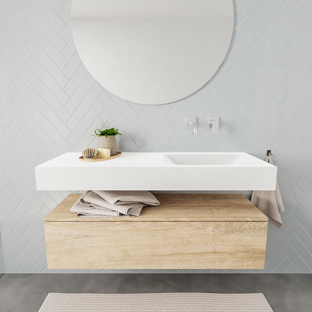 Mueble suspendido ALAN 120 cm de 1 cajón roble lavabo. Encimera con lavabo CLOUD derecha sin orificio blanco mate 6 color Talc.