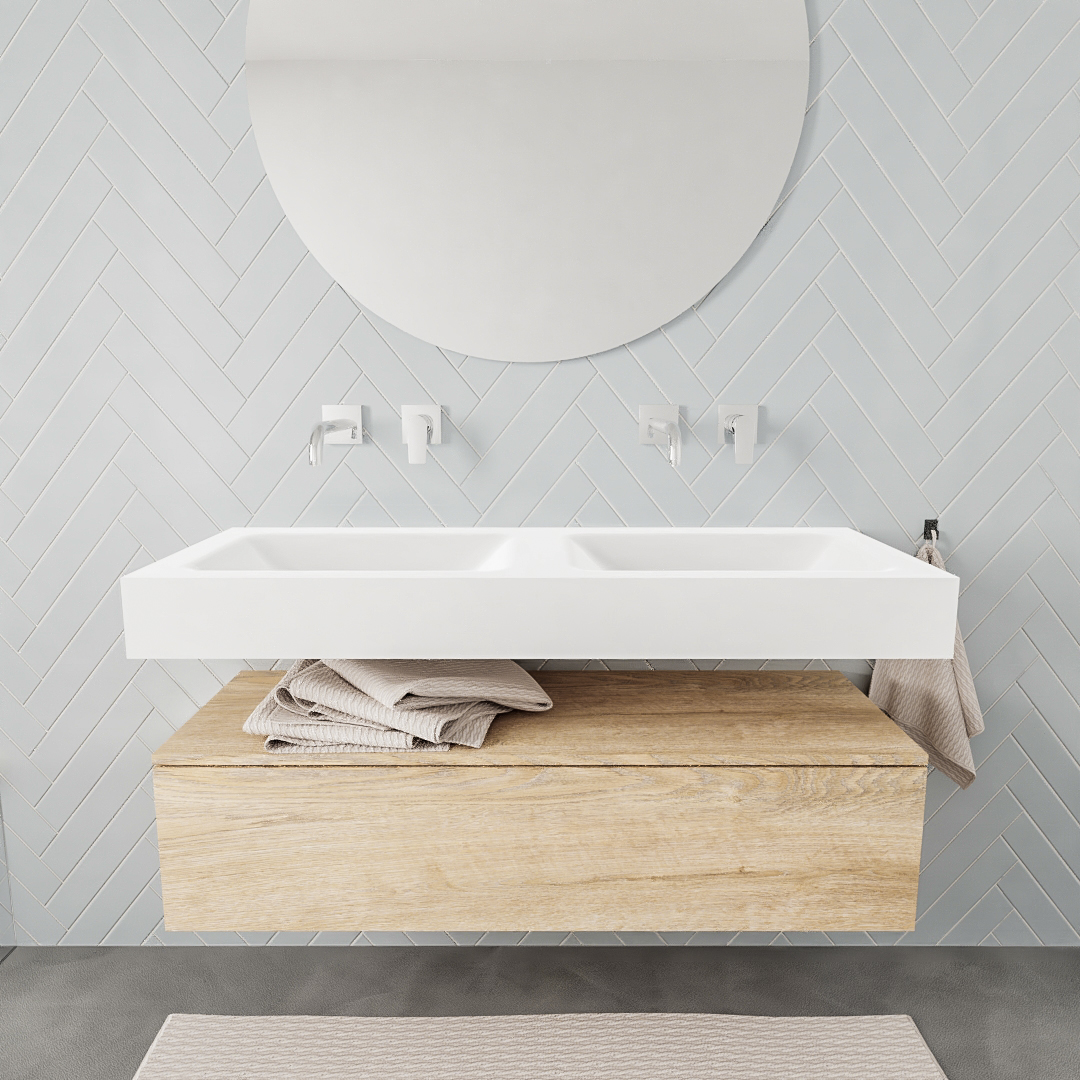 Mueble suspendido ALAN 120 cm de 1 cajón roble lavabo. Encimera con lavabo CLOUD doble sin orificio blanco mate 6 color Talc.