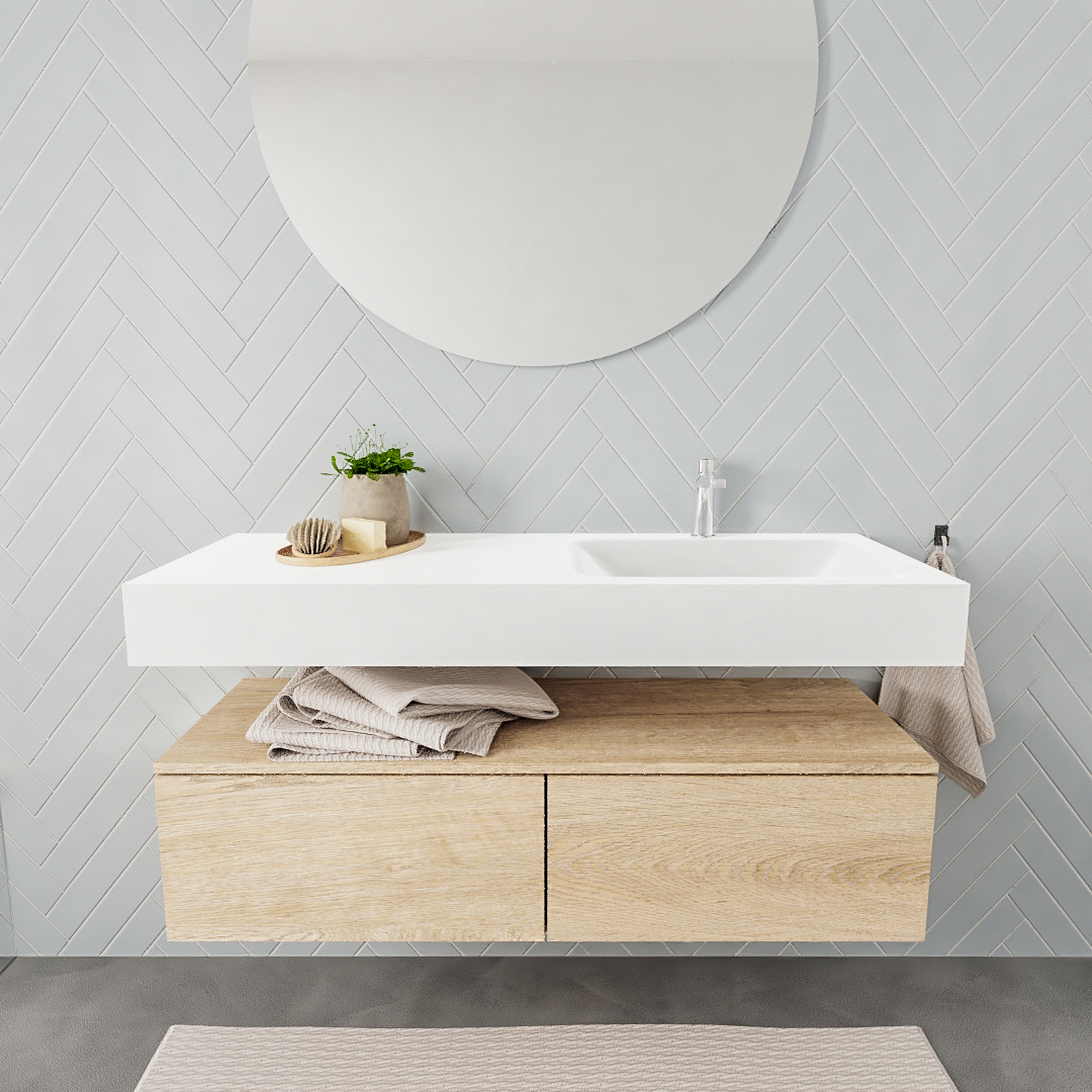 Mueble suspendido ALAN 120 cm de 2 cajones roble lavabo. Encimera con lavabo CLOUD derecha 1 orificio blanco mate 6 color Talc.