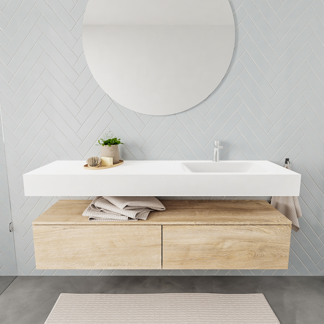 Mueble suspendido ALAN 150 cm de 2 cajones roble lavabo. Encimera con lavabo CLOUD derecha 1 orificio blanco mate 6 color Talc.