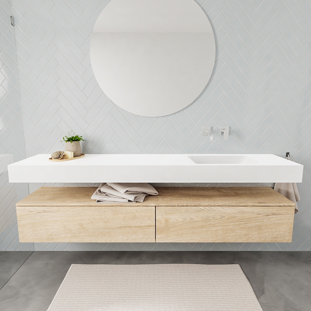 Mueble suspendido ALAN 200 cm de 2 cajones roble lavabo. Encimera con lavabo CLOUD derecha sin orificio blanco mate 6 color Talc.